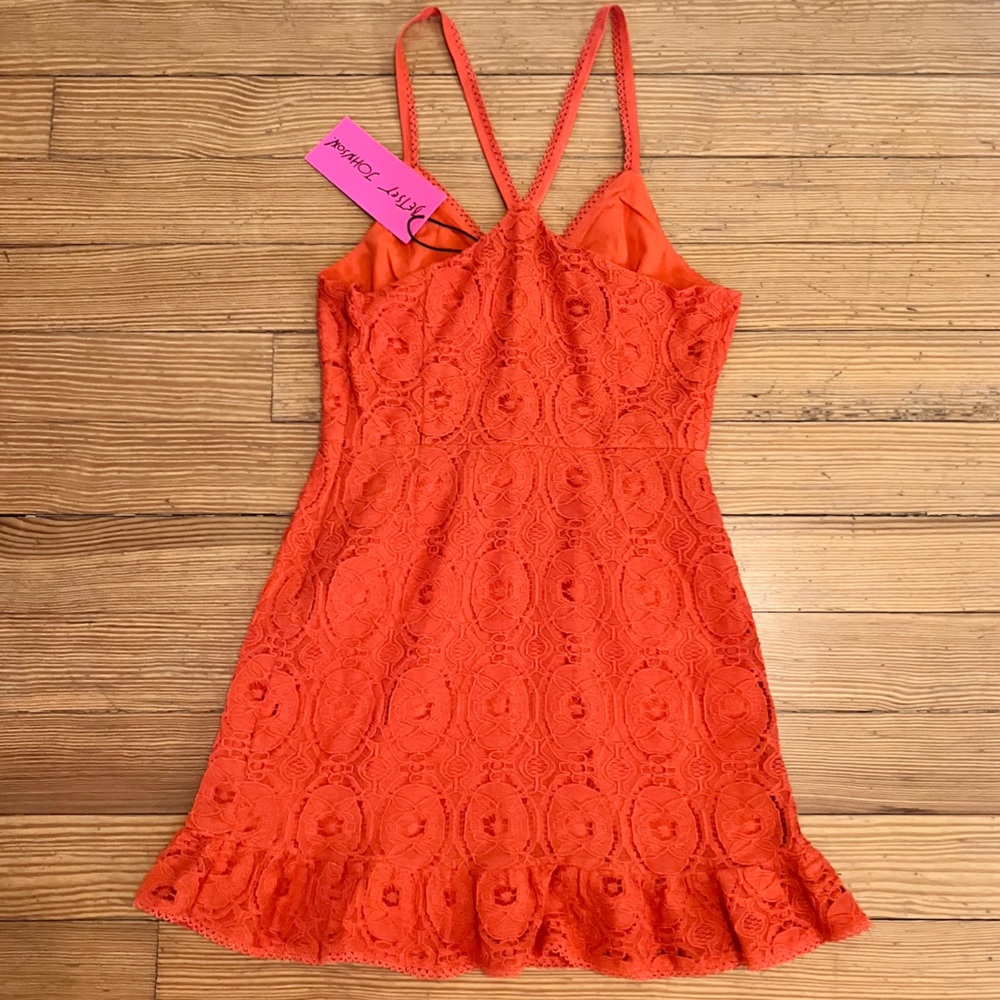 NWT Betsey Johnson Crochet Lace Ruffle Hem Mini Dress in Spicy Orange Sz S. - Picture 6 of 13